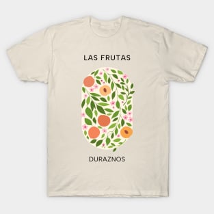 Las Frutas: Duraznos - Fruit and flower market poster with peaches, blossoms, and leaves T-Shirt